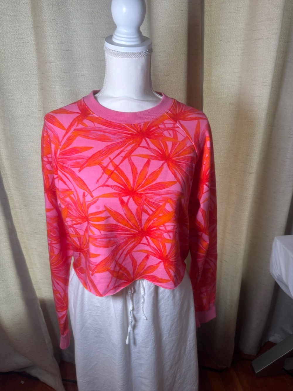 Spiritual Gangster Cropped Pink & Orange Palm-Print Long-Sleeve Sweatshirt M